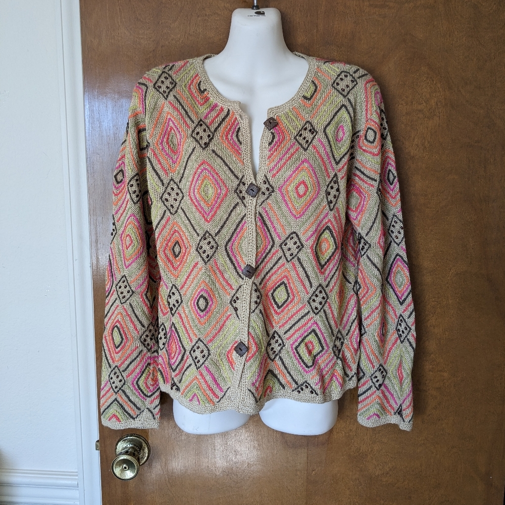 Sigrid Olsen Sport Tan Multicolor  Geometric Beaded Knit Cardigan Sweater